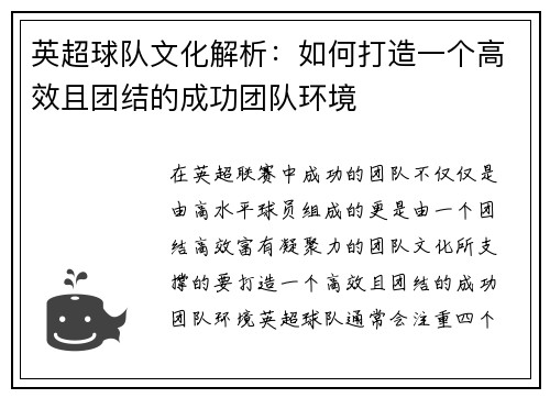 英超球队文化解析：如何打造一个高效且团结的成功团队环境